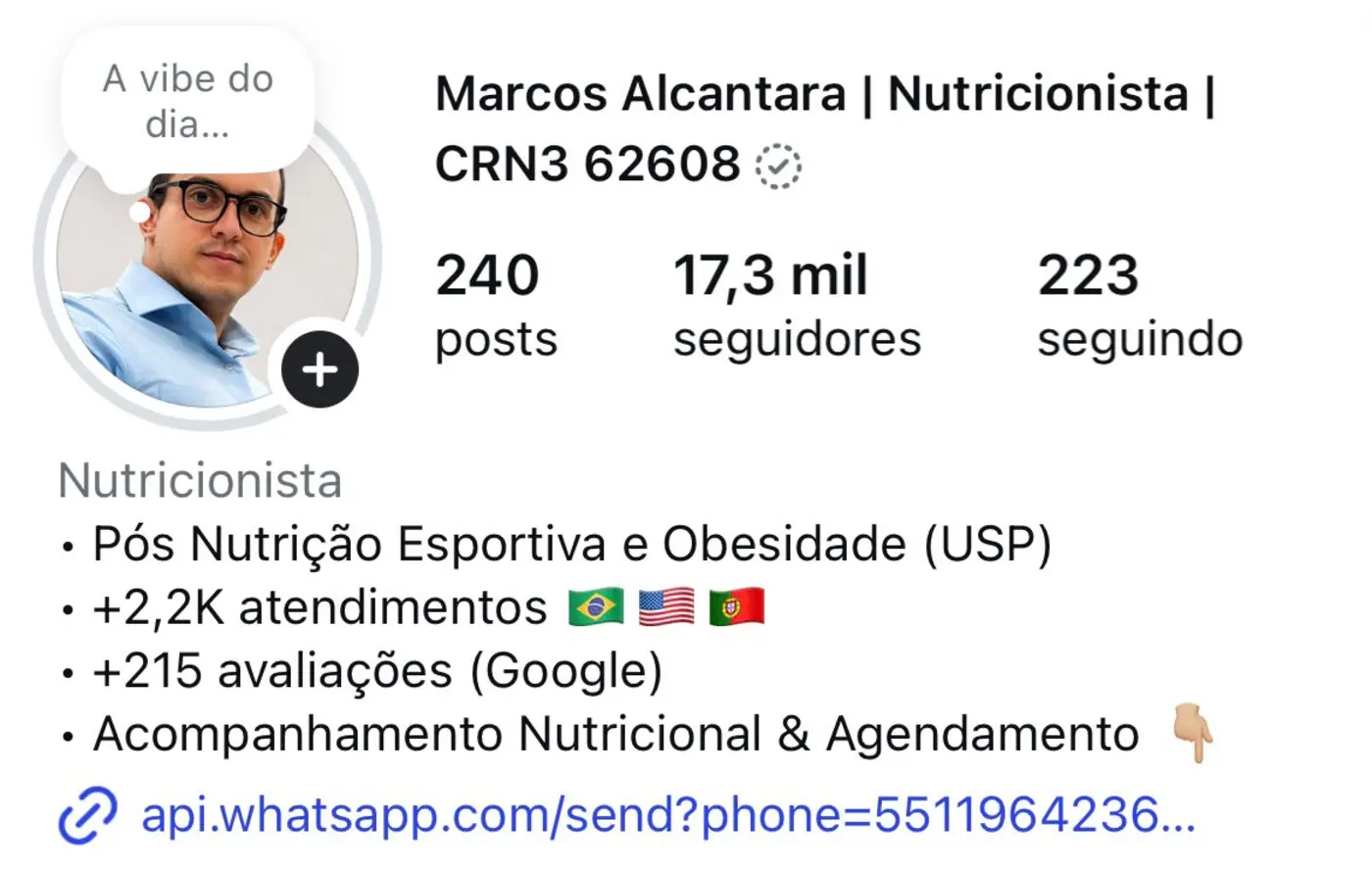 Bio do Instagram de Marcos Alcântara